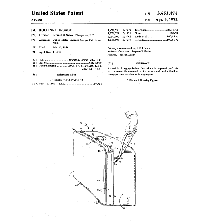 Patent for Rolling Luggage, 1972 Patent for Rolling Luggage, 1972